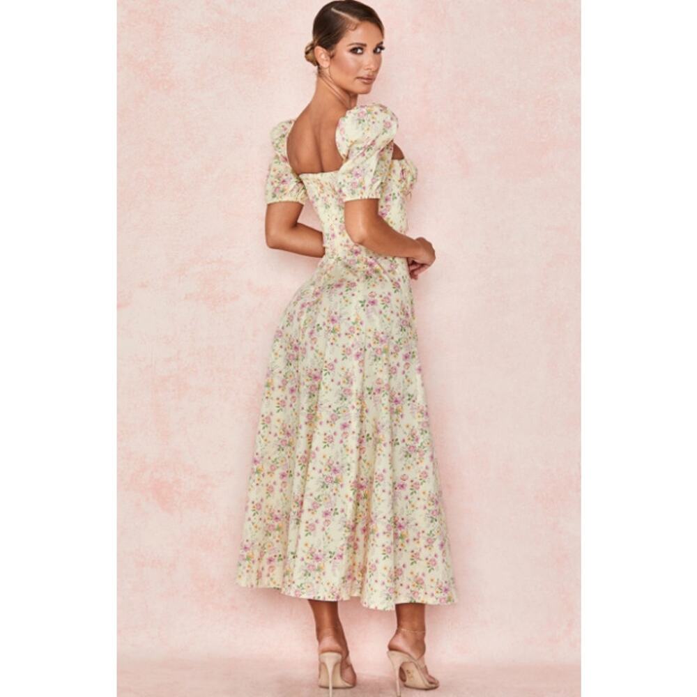 House of CB Tallulah Lemon Floral Puff Sleeve Midi Dress Sundress Cottagecore - Picture 12 of 15